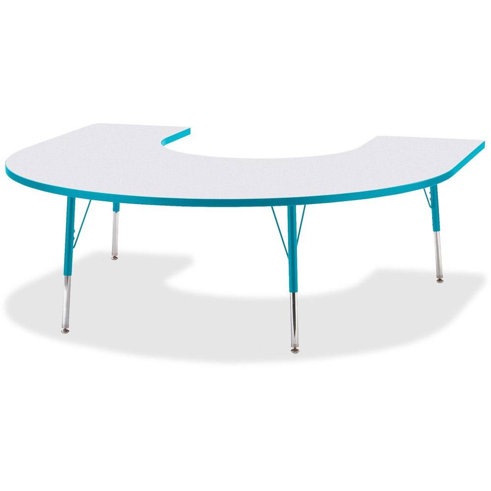 JNT6445JCA005 - Horseshoe-shaped activity table lets people conveniently gather around an educator. Durable laminate features an easy-to-clean surface. TRUEdge is permanently thermo-fused to the edges to prevent chipping. Extra-safe, dual-screw steel legs allow you to easily adjust the height of the table. Powder-coated, adjustable legs can be repositioned in 1" increments to provide maximum comfort. Leg guides reduce squeaks, prevent snags and eliminate rusting.