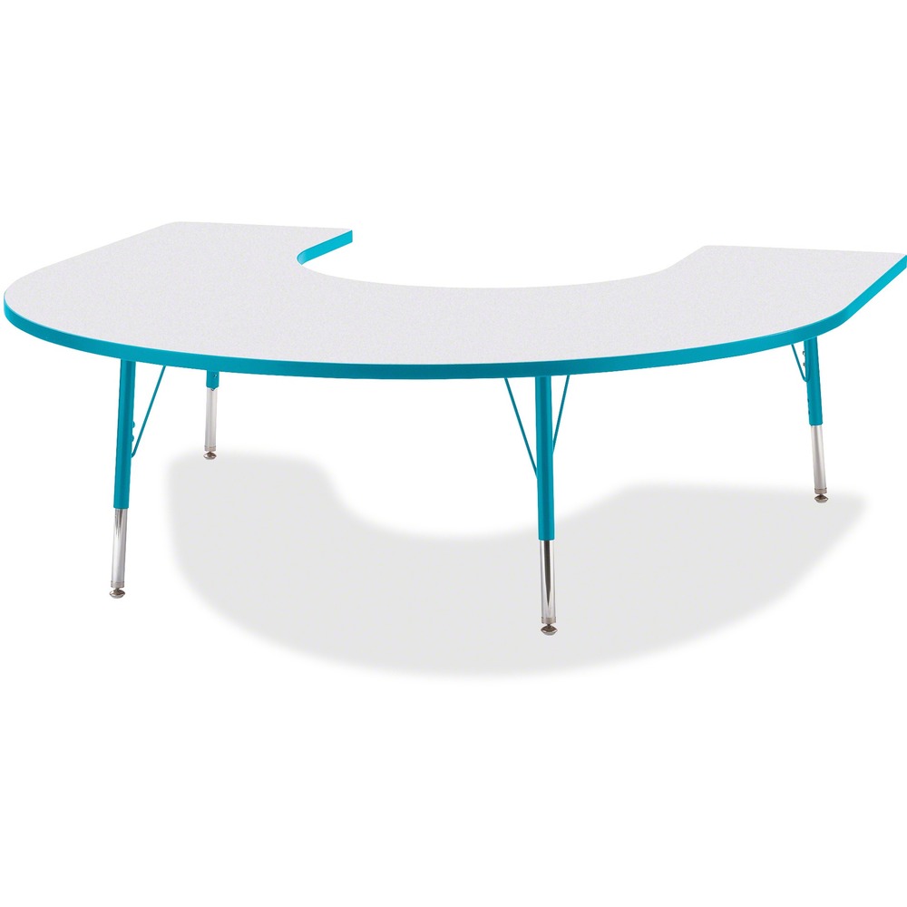 JNT6445JCE005 - Horseshoe-shaped activity table lets children conveniently gather around an educator. Durable laminate features an easy-to-clean surface. TRUEdge is permanently thermo-fused to the edges to prevent chipping. Extra-safe, dual-screw steel legs allow you to easily adjust the height of the table. Powder-coated, adjustable legs can be repositioned in 1" increments to provide maximum comfort for children. Leg guides reduce squeaks, prevent snags and eliminate rusting.