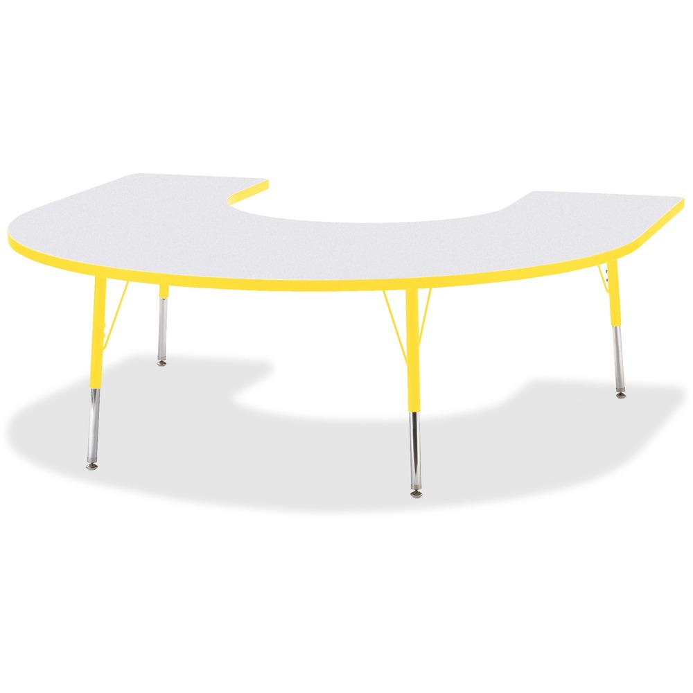 JNT6445JCA007 - Horseshoe-shaped activity table lets people conveniently gather around an educator. Durable laminate features an easy-to-clean surface. TRUEdge is permanently thermo-fused to the edges to prevent chipping. Extra-safe, dual-screw steel legs allow you to easily adjust the height of the table. Powder-coated, adjustable legs can be repositioned in 1" increments to provide maximum comfort. Leg guides reduce squeaks, prevent snags and eliminate rusting.