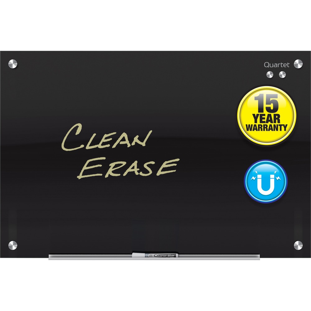 QRTG7248B - Tempered, magnetic glass surface dry-erase board resists ghosting and staining. Write with dry-erase markers or post papers with rare earth magnets. Frequent use, 6' x 4' black finish glass board matches any office. Mounting hardware included. 15-year warranty. More from the Manufacturer