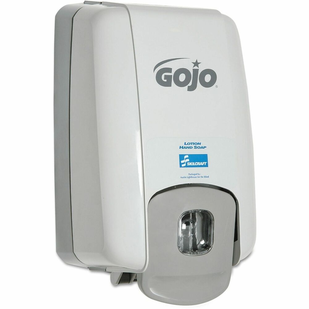 NSN5219871 - Wall soap dispenser holds 2000 ml GOJO-Skilcraft bags in box refills. Dispenser is perfect for use in office buildings, schools, bathrooms, shower areas and light industrial areas.