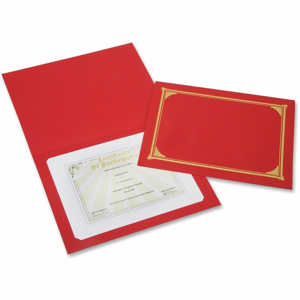 NSN6272960 - Preserve your award certificates and valuable documents flawlessly with this certificate holder. Certificate holder is made with an 80 lb. linen stock that features an elegant gold-foil design. Four, reinforced die-cut slots on the back cover securely hold your certificates and documents in place. Documents can be presented in either vertical or horizontal orientation. Certificate holder is designed to fit 8-1/2" x 11" , 8" x 10" and A4-size certificates or documents.   
