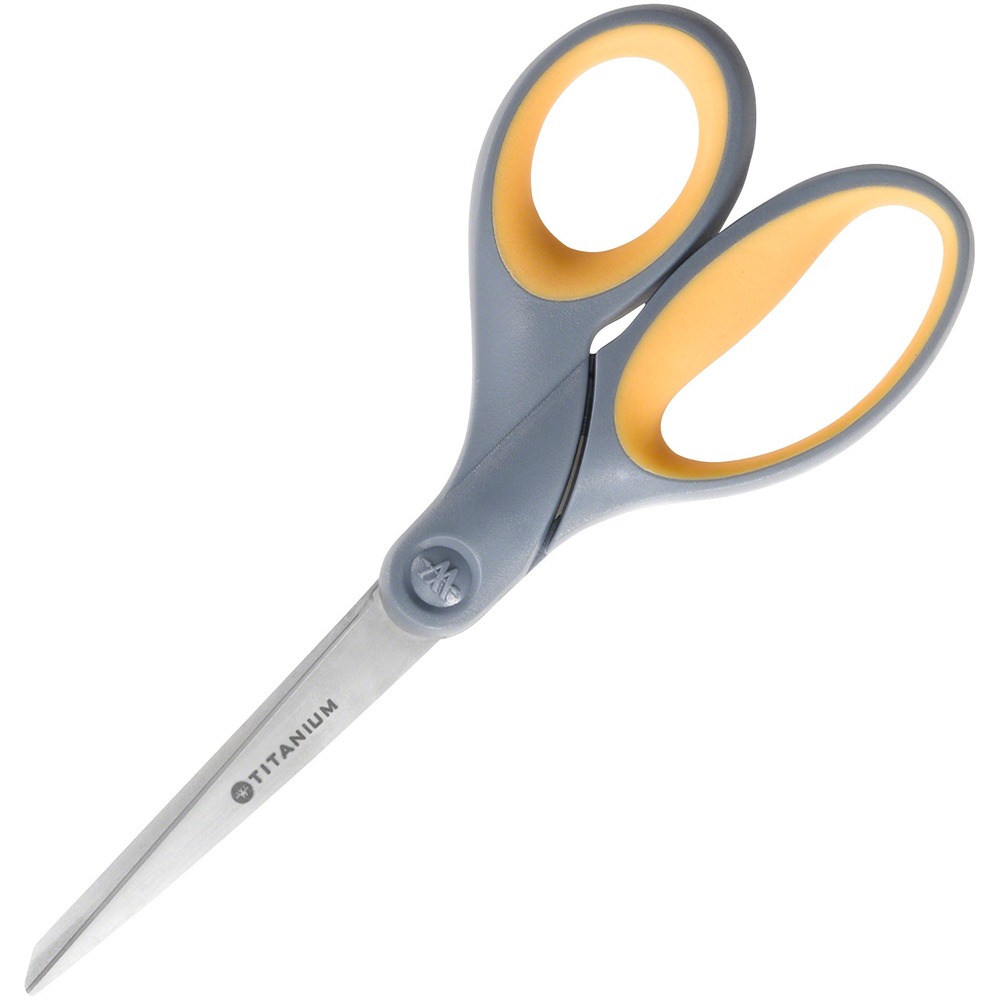NSN6296580 - Titanium scissors with straight handles deliver precise cuts using a reliable design. Corrosion-resistant titanium blades resist sticking to adhesives and are perfect for cutting tape, hook-and-loop fasteners and other adhesives. Contoured, soft grip handles are easy to use and suitable for right-handed and left-handed crafters.