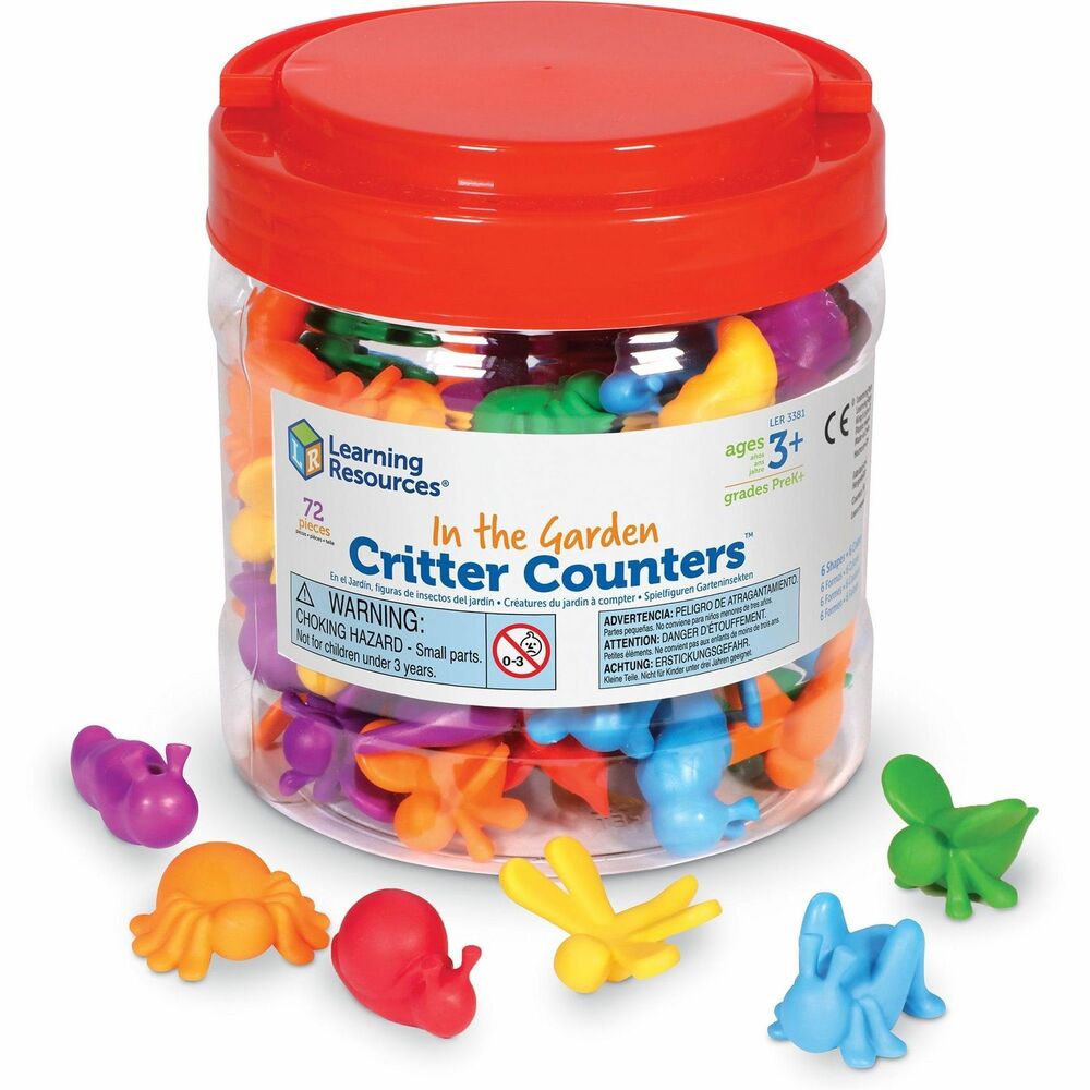 LRNLER3381 - Set of garden critter counters help reinforce counting, sorting, patterning and other early math skills. Different shapes and colors keep children entertained during their hands-on learning experience. Included storage bucket keeps critters safely organized between activities. Figures include a dragonfly, snail, grasshopper, caterpillar, spider and bee. Critter counters are designed for children ages 3 and up.