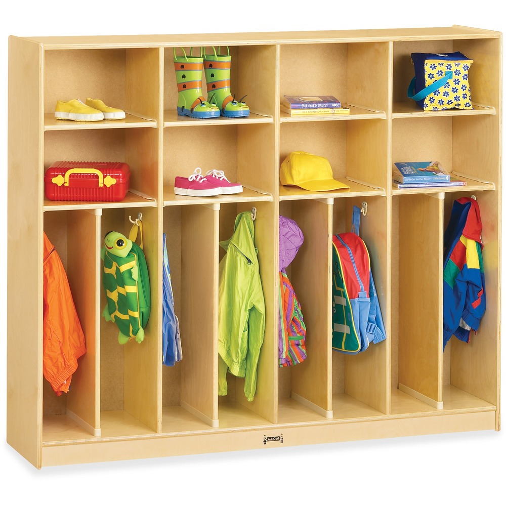 JNT2685JC - Eight-section locker features a double coat hook that is side-mounted in each locker to conveniently hold backpacks, jackets and more. Dowel-pin construction prevents weakening at the joints. Kickplate prevents children from losing their favorite toys underneath. KYDZSafe rounded edges allow children to play safely without getting hurt by sharp edges or corners. Ultraviolet acrylic coating is durable and resists yellowing over time.