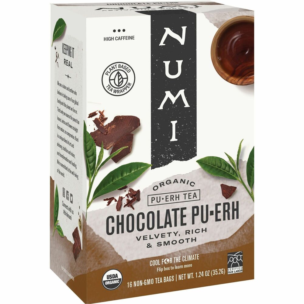 NUM10360 - Chocolate Pu-erh tea is a velvety infusion that combines black Pu-erh tea and organic cocoa. Accented by whole vanilla beans and sweet orange peel, this decadent blend is rounded off with nutmeg and cinnamon for a spicy finish. Tea is individually wrapped to keep it fresh wherever you take it.