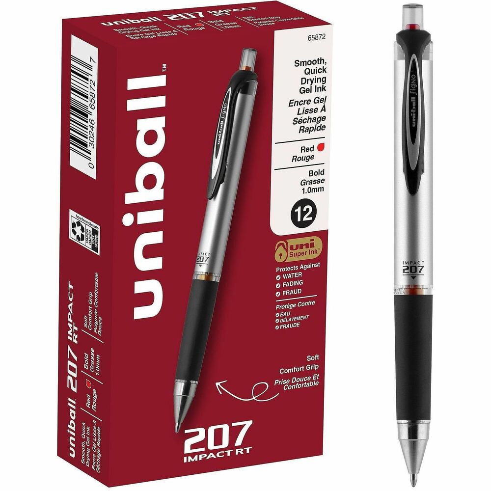 UBC65872DZ - Make an impact with 207 Impact RT Gel Pens that feature a 1.0mm bold point. Stainless steel tip resists bending and breaking. Even-flowing, pigment-based, gel ink renders an outstanding ink laydown for a smooth writing experience and strikingly bold lines. Use these retractable pens for everyday writing tasks and signing checks, trusting quick-drying, uni Super Ink. Innovative, uni Super Ink technology settles gel ink deep into the paper, preventing document alteration, water damage or fading. The 1.0mm point produces bold writing with a silky finish. Soft, rubber grip helps you write without fatigue while maintaining precision and a detailed touch throughout your tasks. Clip automatically retracts the tip to protect against unwanted ink marks and stains. Lend a vivid addition to your writing with these sophisticated pens that glide smoothly for distinct, neat lines.
