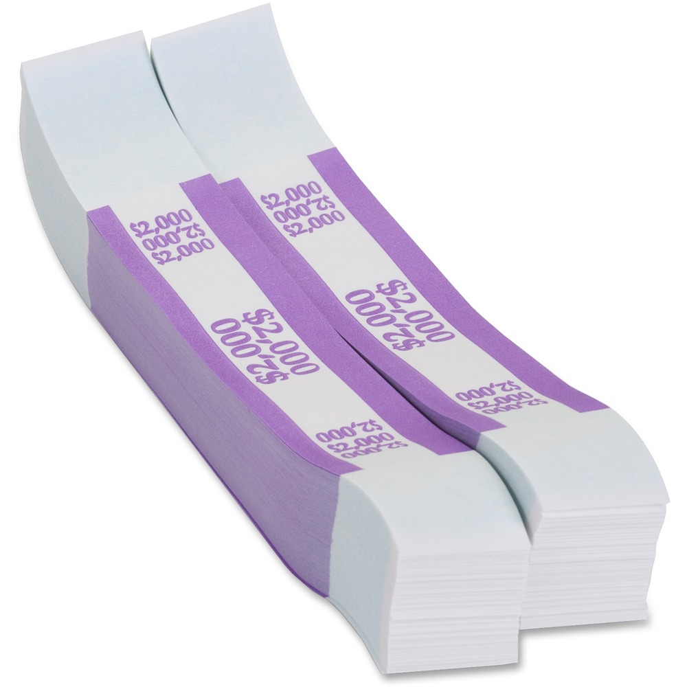 PQP402000 - Currency straps are made of 20 lb. white Kraft paper for durability and printed with colorful bar and capacity. Each conforms to Federal Reserve Bank requirements when used to hold 100 notes per strap. 1-1/4" wide straps also feature self-sealing adhesive for easy closure.