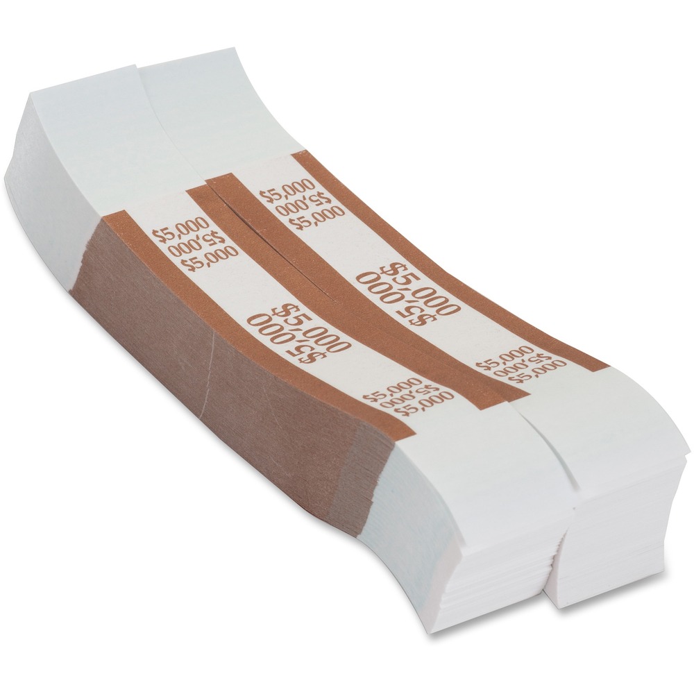 PQP405000 - Currency straps are made of 20 lb. white Kraft paper for durability and printed with colorful bar and capacity. Each conforms to Federal Reserve Bank requirements when used to hold 100 notes per strap. 1-1/4" wide straps also feature self-sealing adhesive for easy closure.