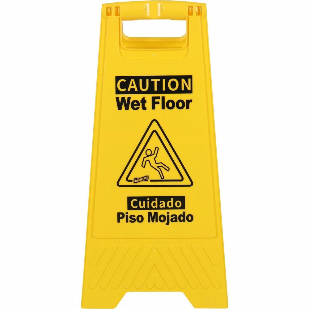 GJO85117 - Wet floor sign features both English and Spanish warnings for more effective communication. Bright color with bold, dark letters is highly visible to be easily recognized from a distance. Universal wet floor graphic provides further acknowledgment of caution. Sign conveniently folds flat for space-saving storage and easy transportation.