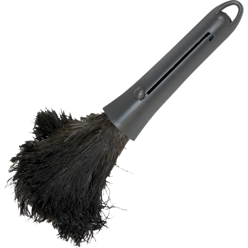 GJO90218 - Lightweight duster features extra-soft ostrich feathers that are perfect for dusting irregular surfaces, small spaces and around delicate items. Fine, soft feathers have more surface area to effectively grab and hold dust particles for more efficient cleaning. Retractable design lets you pull the feathers into the handle with a sliding lever for safe storage between uses. Plastic handle features a hang-up hole for quick storage and easy access.