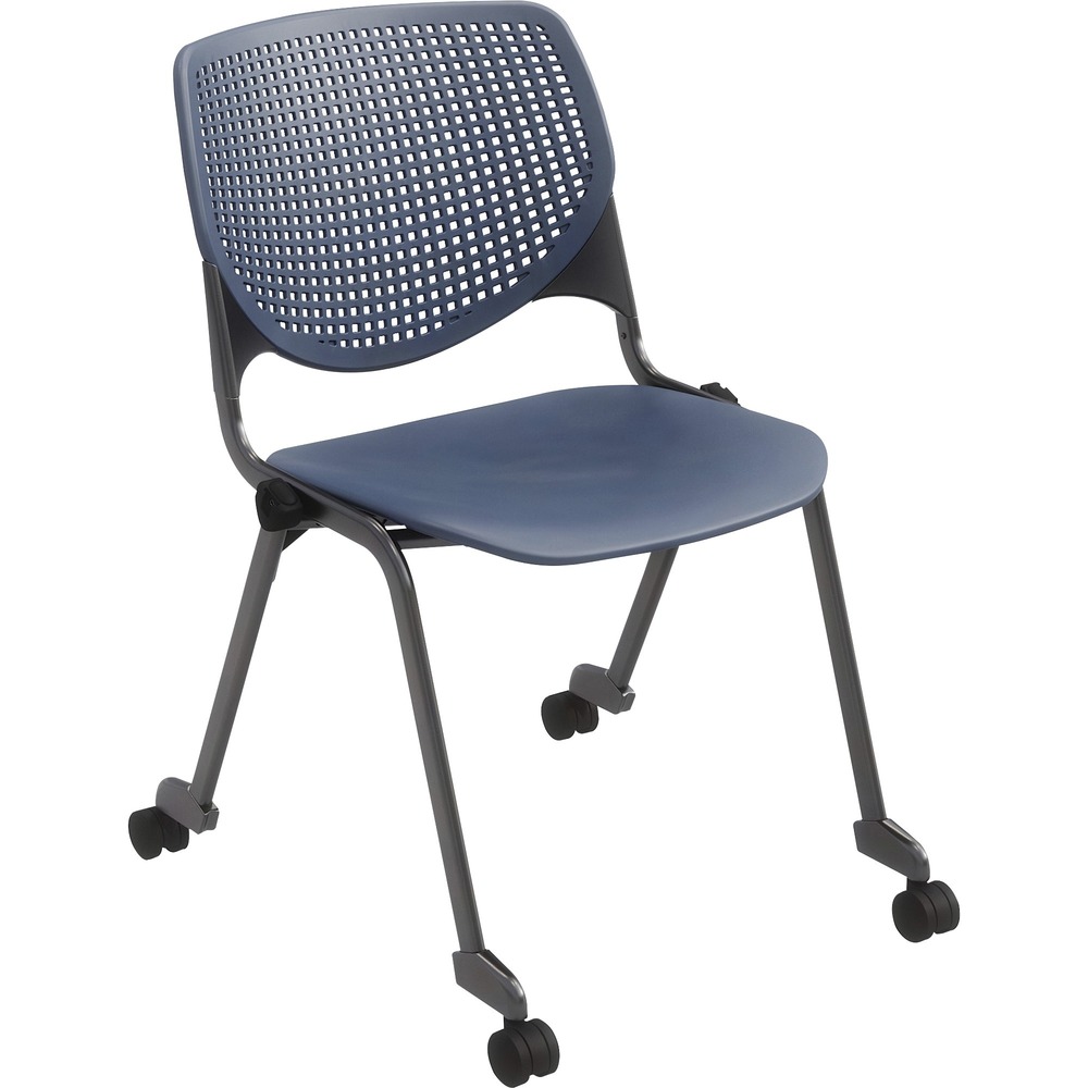 KFICS2300P03 - 2300 Series Kool Chair creates a fun, comfortable environment in any space. Perforated back offers an attractive design that enhances circulation and airflow. Radius conforms to your back for maximum comfort. Silver, powder-coated frame contrasts the bold color of the polypropylene seat and back for a creative, interesting look. Back supports made with injection aluminum alloy enhance durability. Four-leg design includes casters for easy mobility. Stack chairs up to 15 high to save storage space.