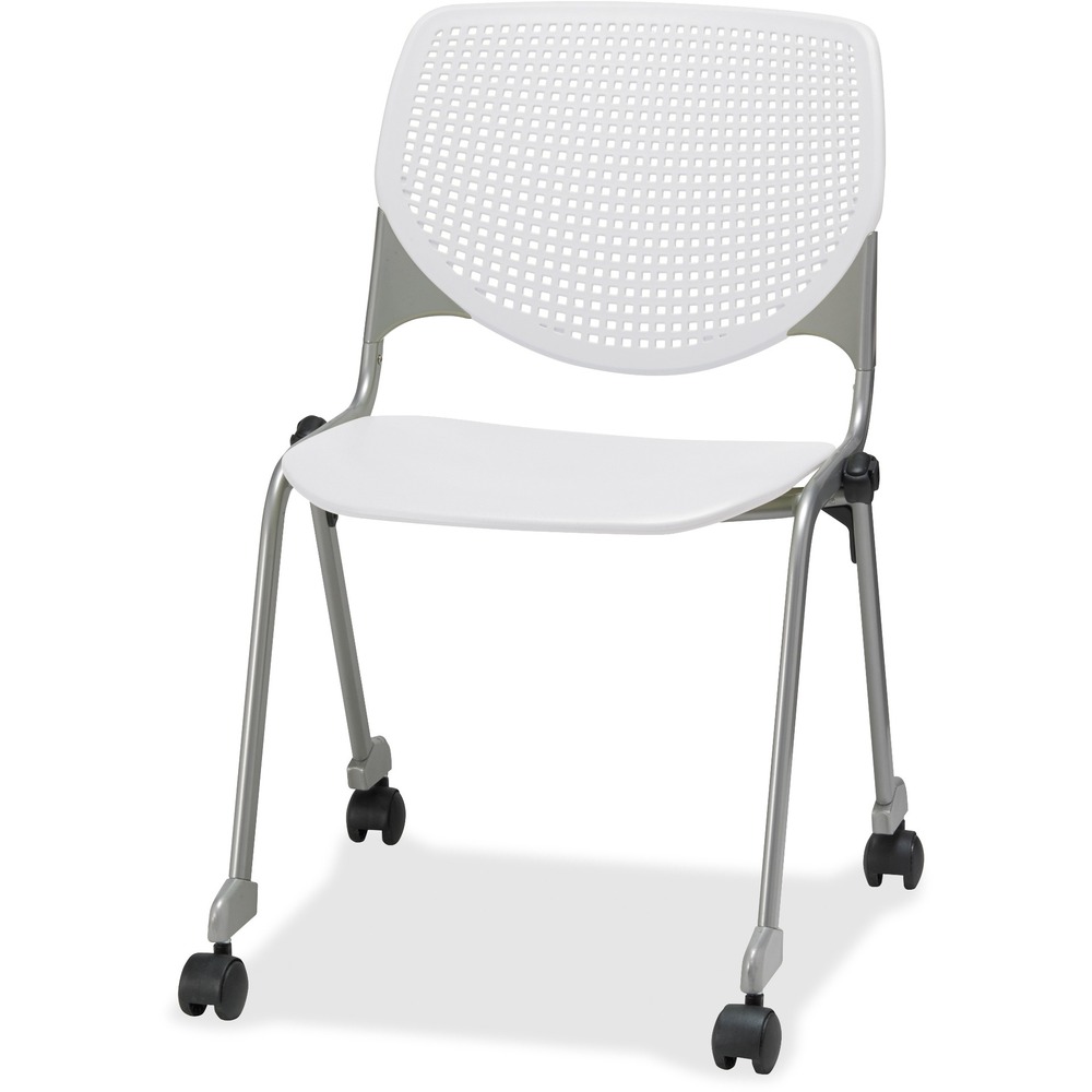 KFICS2300P08 - 2300 Series Kool Chair creates a fun, comfortable environment in any space. Perforated back offers an attractive design that enhances circulation and airflow. Radius conforms to your back for maximum comfort. Silver, powder-coated frame contrasts the bold color of the polypropylene seat and back for a creative, interesting look. Back supports made with injection aluminum alloy enhance durability. Four-leg design includes casters for easy mobility. Stack chairs up to 15 high to save storage space.