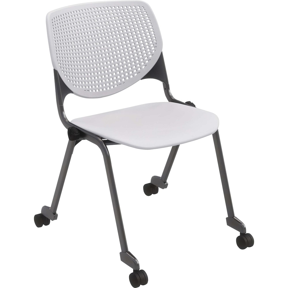 KFICS2300P13 - 2300 Series Kool Chair creates a fun, comfortable environment in any space. Perforated back offers an attractive design that enhances circulation and airflow. Radius conforms to your back for maximum comfort. Silver, powder-coated frame contrasts the bold color of the polypropylene seat and back for a creative, interesting look. Back supports made with injection aluminum alloy enhance durability. Four-leg design includes casters for easy mobility. Stack chairs up to 15 high to save storage space.