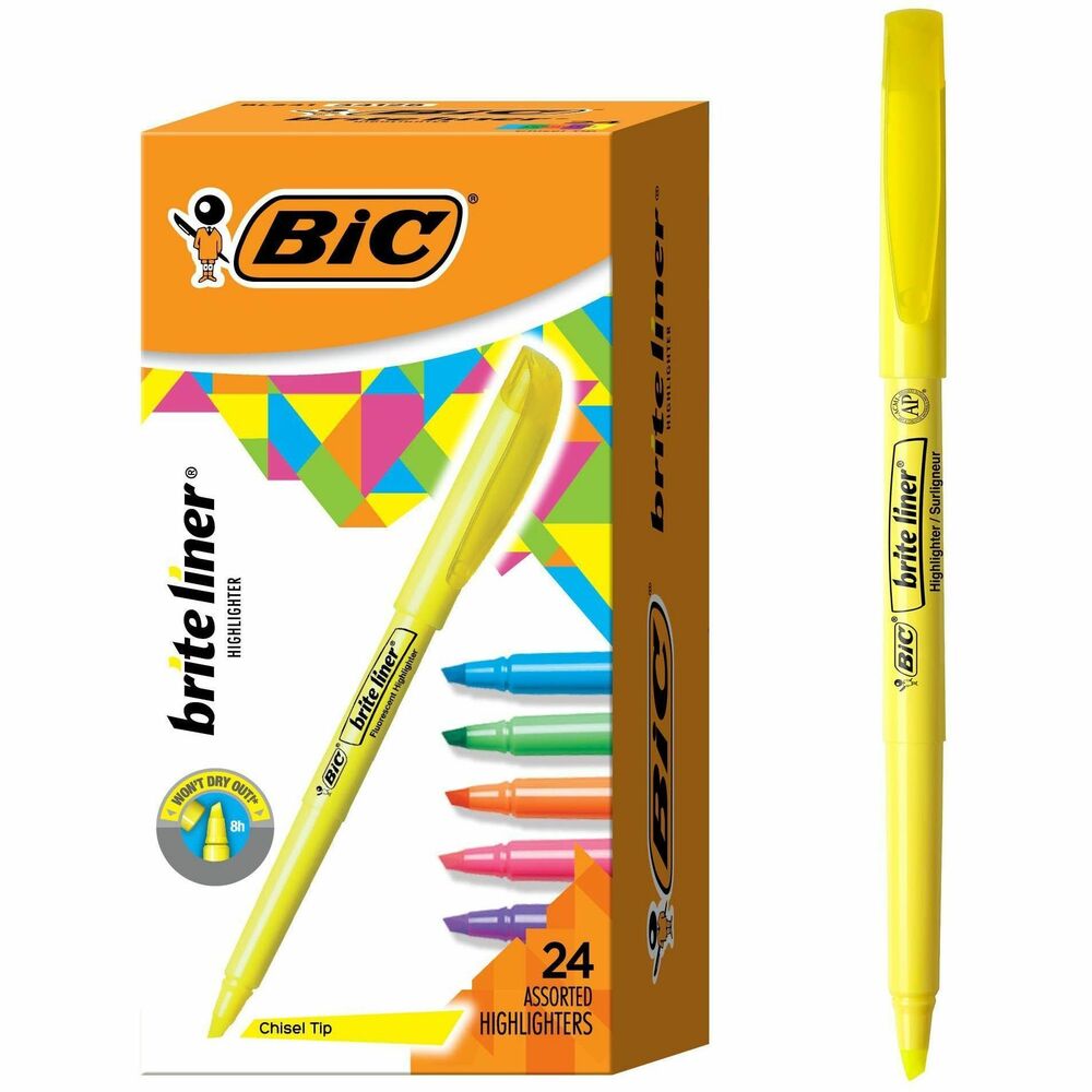 BICBL241AST - Make organization fun and easy with the BIC Brite Liner Highlighters Assorted Colors. These highlighters have a chisel tip for broad highlighting or fine underlining, making them perfect for highlighting school or office documents. BIC's highlighter markers use translucent ink to emphasize what's important on the page without obscuring the text below. Reliable and long-lasting, each BIC Brite Liner highlighter writes for up to eight hours without a cap and does not dry out, so you can work with confidence. The convenient pen-shaped design lets you easily grip and comfortably use the highlighters to organize your notes or underline passages in textbooks, notebooks and documents. Looking for classic highlighters for journals or assorted color marker sets for adults BIC Brite Liner Multicolor Highlighters add a fun pop of flair to your art, office or school supplies. Each pack contains 24 chisel tip highlighter markers in the following assorted colors: yellow, pink, blue, green and orange. BIC highlighters are ACMI-approved for a high-quality, safe product you can trust. Whether you're emphasizing text or just feel like getting creative, choose BIC Brite Liner Highlighters. More from the Manufacturer