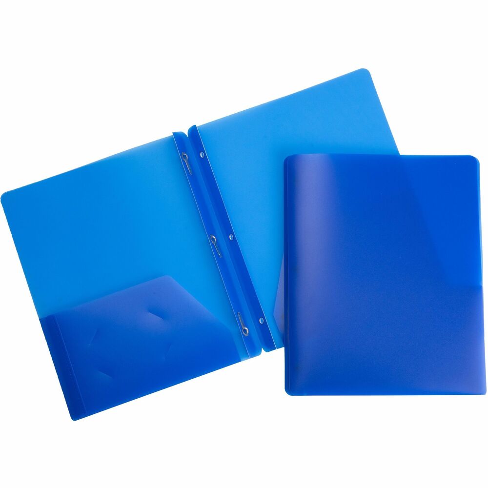 BSN20886 - Poly portfolio offers durable construction for presentations or storage. Secure three-hole punched materials in the three metal prongs and loose sheets in the two pockets. Archival-quality poly protects your letter-size documents from spills and wear. The inside left pocket features a die-cut business card holder to make your presentation complete. Each pocket holds 25 sheets and is sealed on two sides.