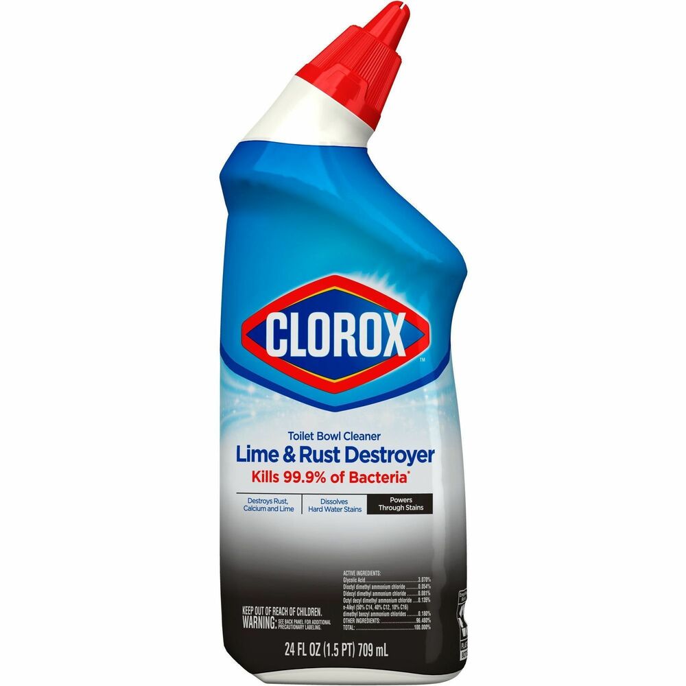 CLO00275 - Easily tackle your toughest rust, calcium and lime stains with Toilet Bowl Cleaner Lime and Rust Destroyer. This nonabrasive, toilet bowl cleaner removes dirt and grime, destroying 99.9 percent of bacteria with a powerful, clinging nonbleach formula. Uniquely angled dispensing nozzle makes it easy to target hard-to-reach areas under the bowl rim. Toilet bowl cleaner clings to the toilet bowl surface to dissolve hard water stains and destroy mineral deposits, rust and lime scale. Keep the dreaded toilet ring away with this powerful nonbleach cleaner as it deodorizes and powers through the toughest toilet stains. Get your toilet squeaky clean with the Toilet Bowl Cleaner Lime and Rust Destroyer.