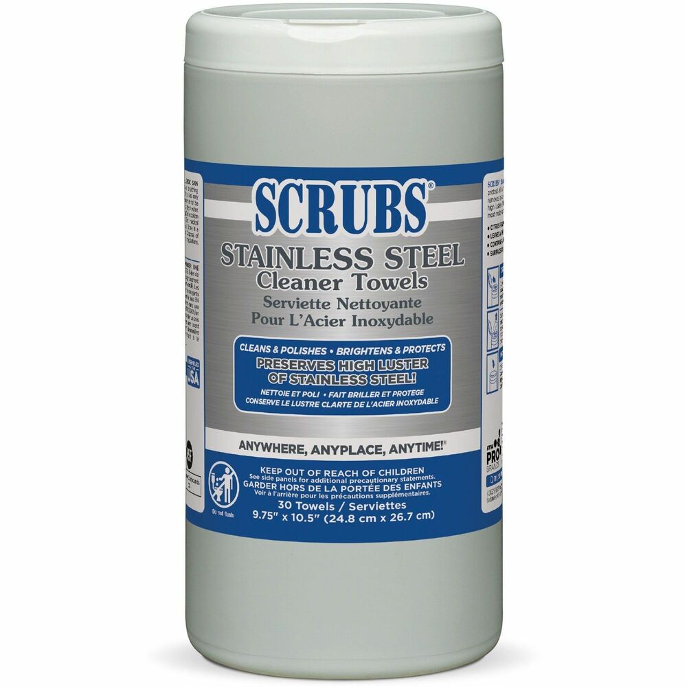 ITW91930 - Scrubs Stainless Steel Cleaner Towels clean, polish, brighten and protect - all in one step. This powerful formula prevents water marks and corrosion and preserves the high luster of stainless steel. They are ideal for bathrooms, drinking fountains, elevators, kitchens and more. Surface can be polished with clean, dry cloth for higher gloss. Use the NSF-registered towels to remove spot marks, film, fingerprints, watermarks and grease on stainless steel, aluminum, chrome, copper and brass. Each tub contains 30 towels.