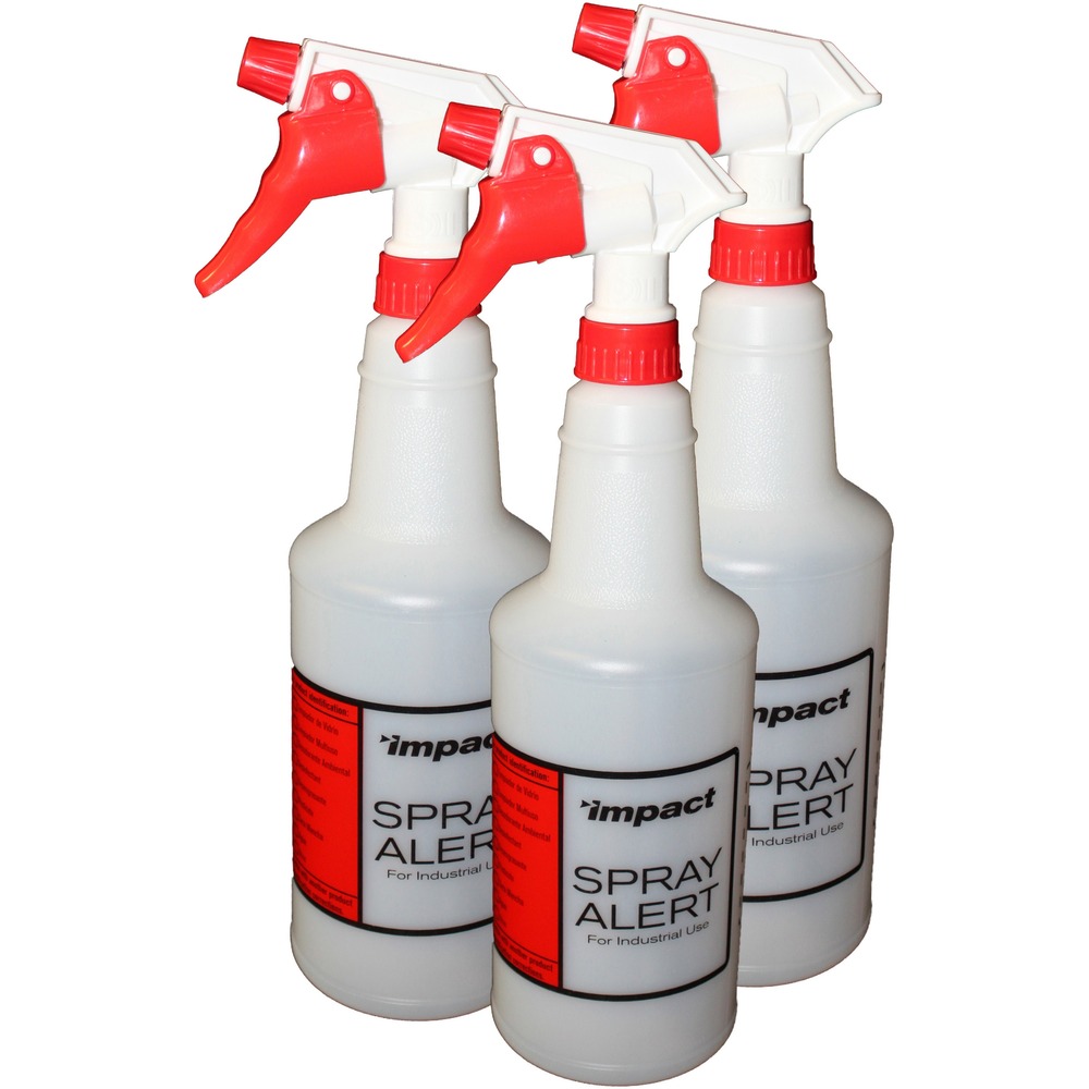 IMP5024SS - Spray alert system includes three bottles and three trigger sprayers. Sprayers feature a 1.5 ml output and no-leak design to prevent wasteful use. Embossed graduation scales and dilution ratios allow fast, easy measurements. Bilingual product listing is printed in both English and Spanish to eliminate confusion.