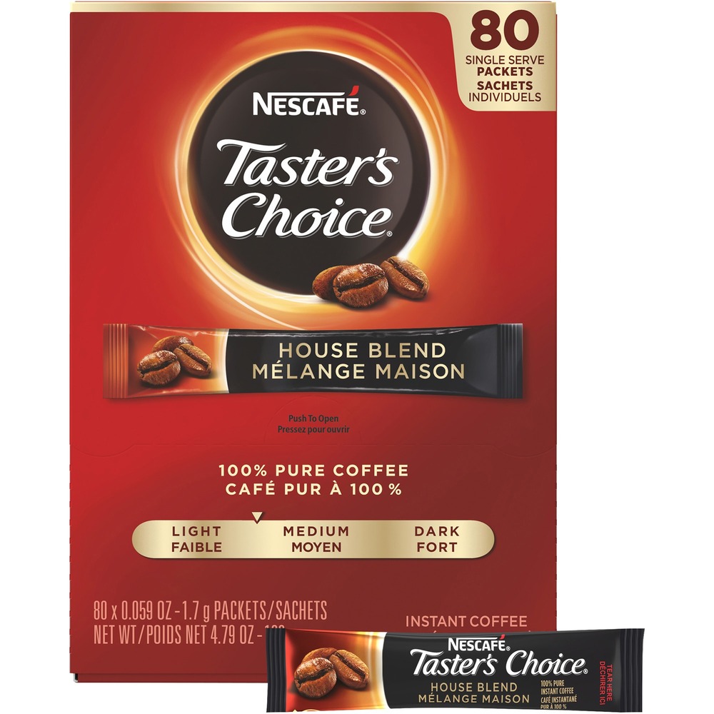 NES15782 - NESCAFE Taster's Choice House Blend Coffee Packets create a cup of smooth, mild-roasted instant coffee made from 100 percent pure, responsibly sourced coffee beans. Easily prepare fresh-tasting, consistent coffee without the hassle of roasting and grinding. Master coffee crafters roast and brew the special blend of premium-quality coffee beans, and then flash freeze the coffee to lock in well-balanced flavor. Packets help minimize product waste with long-lasting, fresh taste vs. roast and ground coffee.