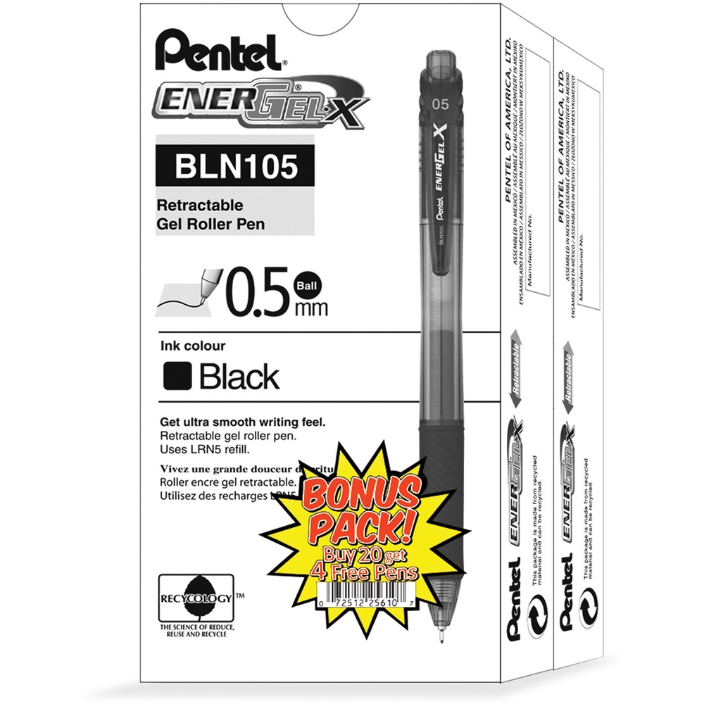 PENBLN105ASW2 - EnerGel-X Retractable Gel Pens contain super-smooth EnerGel ink. High-performance ink technology combines the best qualities of liquid and gel inks for a super-smooth writing experience. Liquid gel ink dries so fast that even left-handed writers love it - no smears, no smudges, no globs. Latex-free grip provides maximum comfort. Color-tinted barrels with curved clip design match the ink color. Gel pen is refillable.