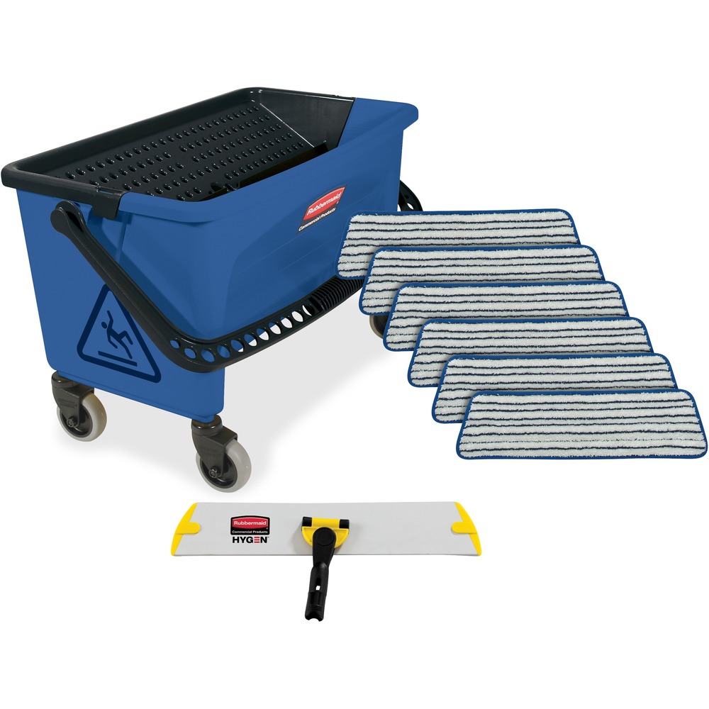 RCPQ050000000 - Microfiber Finish System conveniently gathers finishing tools. It includes a Microfiber Finish Bucket, 18" Quick Connect Frame and six 18" Microfiber Finish Pads. No-touch wringing bucket is color-coded blue to visually differentiate use. "Washboard surface" effectively removes dirt and debris from mop pads before wringing. Twist-valve empties contents without lifting. Microfiber Finish Mopheads are designed for specialized finish applications. Dense, 3 - 5 micrometer quality fiber removes more dust, dirt and microbes than conventional cleaning products. Durable pad construction withstands more than 300 launderings. Double-finished edges retain mop shape with use over time. Quick Connect Frame reduces the physical demands of cleaning with a lightweight aluminum construction. Flat profile slides easily under furniture and equipment. One-step connecting mechanism speeds mop assembly and changeover. Flat frame profile is sanitary and easy to clean. Handle is sold separately.