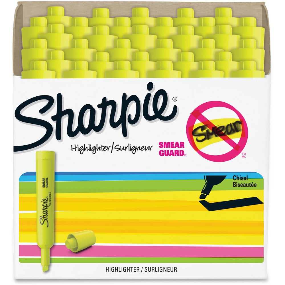 SAN1920938 - Sharpie Highlighters in tank style feature Smear Guard ink technology that is specially formulated to resist smearing of many pen and marker inks. Quick-drying, odorless ink is certified AP nontoxic. Easy-gliding chisel tip delivers a smooth highlighting experience. The chisel tip lets you highlight both wide and narrow lines of text. Bright see-through colors increase information retrieval efficiency so the highlighter is great for highlighting or underlining. Dependable, long-lasting highlighter also offers a long write-life. More from the ManufacturerRebate: $25 Visa Card w $75 Newell Brands Buy View Rebate Details