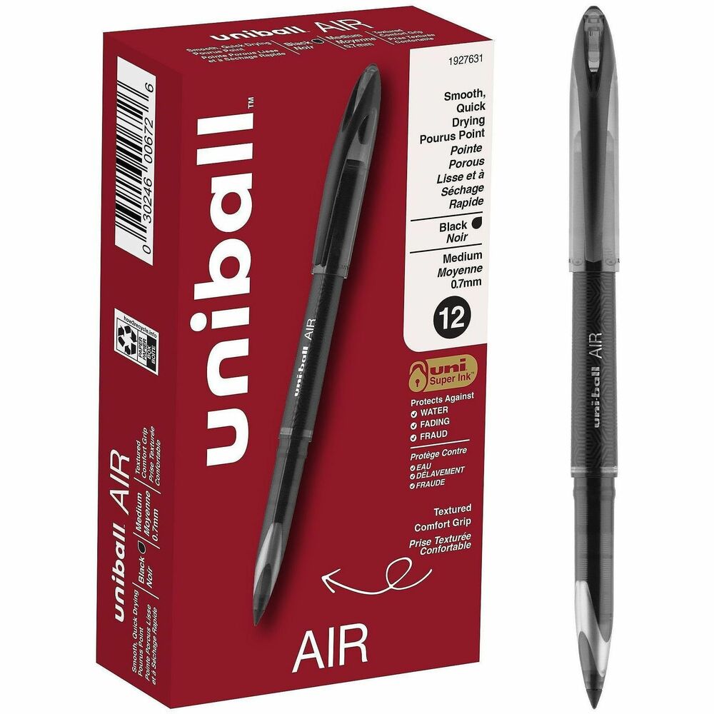 UBC1927631 - Enjoy a smooth writing experience with Air Porous Point Rollerball Pens. Innovative, sleek tip writes at any angle, producing crisp, fluid lines. Pens adapt to your personal writing grip, adjusting line widths depending on the pressure of your hand as you write. Pens combine the fluid ink of a marker with the durability of a rollerball to ensure documents are easy to read. Pens glide over paper, delivering vibrant marks and lines perfect for journaling, scrapbooking or sketching. Experience effortless writing with cushion tip technology and free-flowing ink. Innovative, uni Super Ink technology ensures ink adheres to paper, offering protection from fraud, water and fading. Glass-like, stylish, plastic clip adds a touch of convenience.