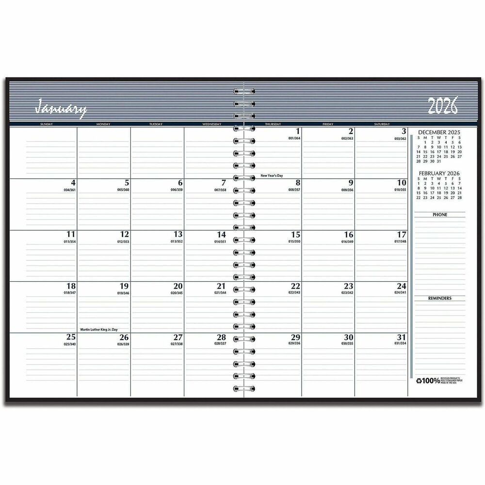 HOD262602 - Wirebound monthly planner comes in a convenient size that fits in most cases. The two-piece, embossed, simulated leather cover for a professional look. Planning pages range 14 months from December to January. Two-page-per-month spreads include large, ruled daily blocks (2-1/8" x 1-7/8") for detailed notes, holidays, count of days/days remaining, Sunday-through-Saturday scheduling, a ruled notes area along the side, and past and future months reference near the top right corner. Nonrefillable planner is printed with soy ink on paper made with a high percentage of recycled material.