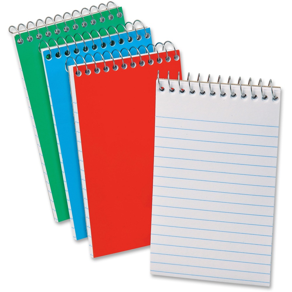 TOP45094 - Pocket notebook is the perfect size for notes on-the-go. The compact design fits easily in a bag or pocket. Each sheet is narrow-ruled with 1/4" space rules to make the most of the small space. Top wire binding allows easy access to pages. Assorted cover colors - red, green, blue - allow easy color-coding.