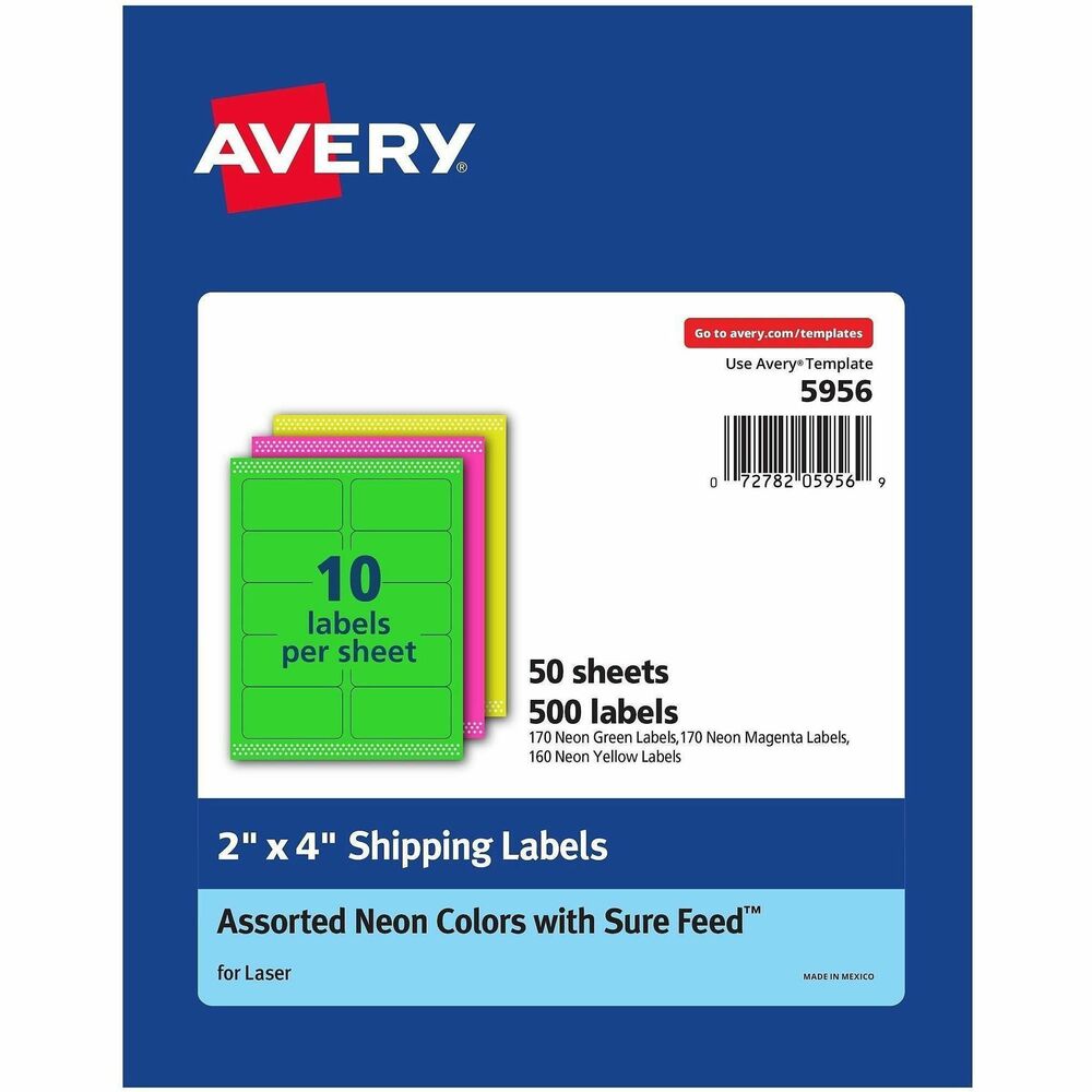 AVE5956 - Make sure your messages get noticed on all your shipments with High-Visibility Shipping Labels. Whether you're creating holiday signs, food labels, or party signs, these bright color labels can help capture your audience's attention. Easily design and personalize your unique printable labels with the thousands of free, online designs and templates. For long-lasting hold on any surface, these strong, neon labels are designed with a permanent adhesive. Expect high-quality, smudge-free printing results with these laser printer-optimized neon labels. More from the Manufacturer
