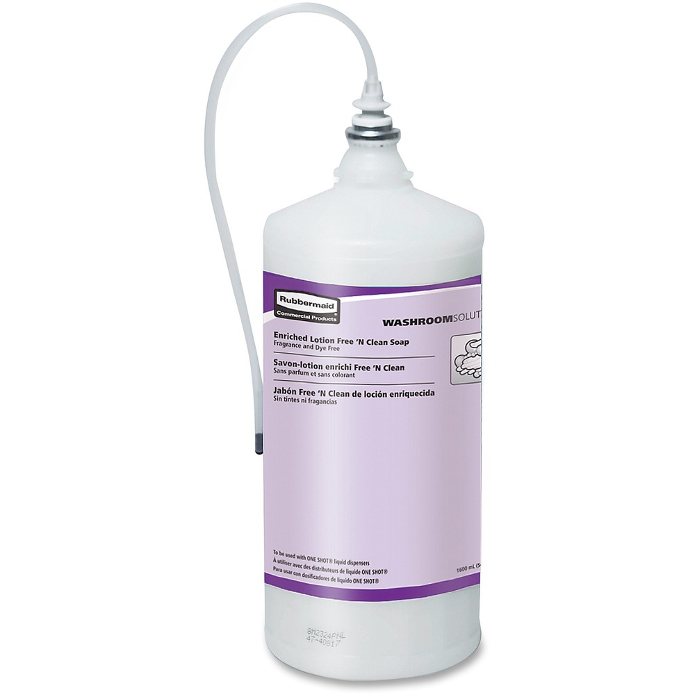 RCP402364 - Enriched Lotion Free 'N Clean Soap Refill with skin conditioners is designed for use with Rubbermaid's One Shot System that sets the standard for quality and reliability in counter-mounted soap dispensing. Hypoallergenic soap formula encourages healthy handwashing, leaving no scent. Great for sensitive skin, it is dye-free and fragrance-free. Refill is also enriched with glycerin, silk proteins, aloe vera and Vitamin E for skin health. Patented Smart Sensor technology on the dispenser (not included) detects hands and automatically delivers the perfect amount of soap. Touch-free delivery encourages use and eliminates cross-contamination to help reduce the spread of germs. Controlled dispensing of concentrated soaps eliminates overuse and costly waste. Refill delivers a high yield of handwashes - up to 2,000 per refill. Disposable hygienic refill keeps soap fresh and germ-free.