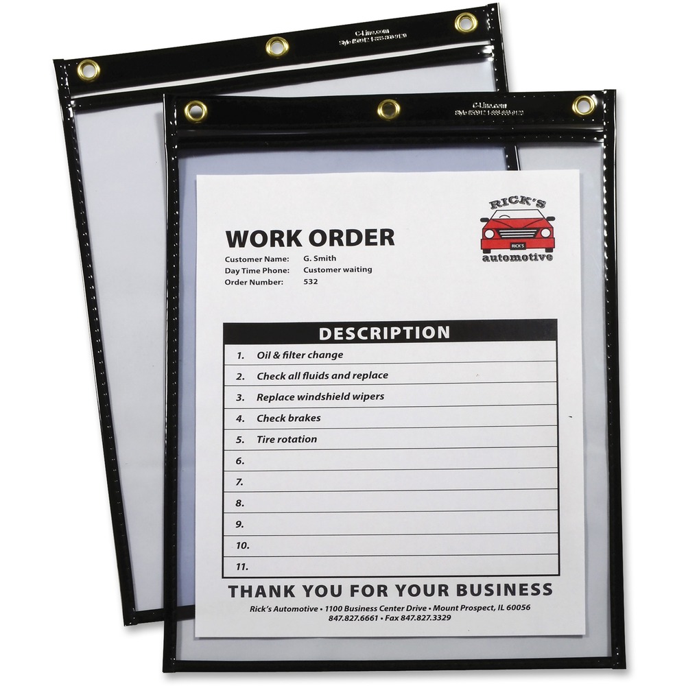 CLI50912 - Shop ticket holders make your special jobs stand out. Heavy-duty vinyl is transparent for complete front and back visibility. Reinforced header and stitched seams ensure long-lasting performance. Three eyelets allow multiple hanging positions for convenient display. Shop ticket holders are perfect for organizing work by department, day-of-the-week or importance.