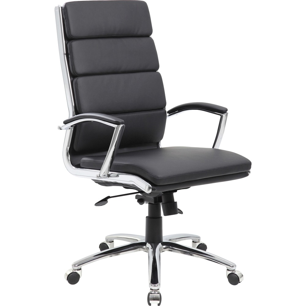 BOPB9471BK - Executive CaressoftPlus Chair with metal chrome finish delivers comfort, style and easy use. Two-paddle mechanism with a heavy-duty construction uses one paddle to lift and the other paddle to release spring tilt or lock. CaressoftPlus vinyl upholstery on the seat and back is ultra-soft and breathable. It looks and feels like leather, but more durable and is easy to clean. Functions include tilt tension, pneumatic gas lift to adjust seat from 20" to 23" and upright lock. Sturdy, 27" chrome base includes 2" nylon, dual-wheeled casters. Executive chair also features fixed arms and holds up to 275 lb. Seat measures 20" wide x 21-1/2" deep. Back size is 20" wide x 24-1/2" high.
