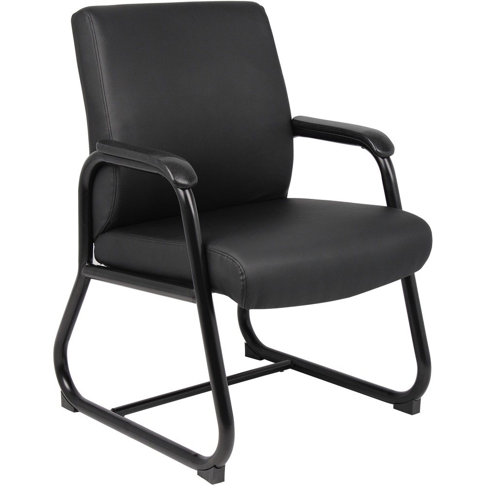 BOPB709 - This heavy-duty guest chair is upholstered with Caressoft vinyl that gives you the look and feel of leather, yet is more durable and can be cleaned easily with a damp cloth. Padded, stationary arms are ergonomically shaped for comfort through extended use. The chair is at a fixed height and sits on a sturdy, stationary sled base. Its sleek style offers a minimalist seating option for most any room or office. Guest chair supports up to 300 lb.