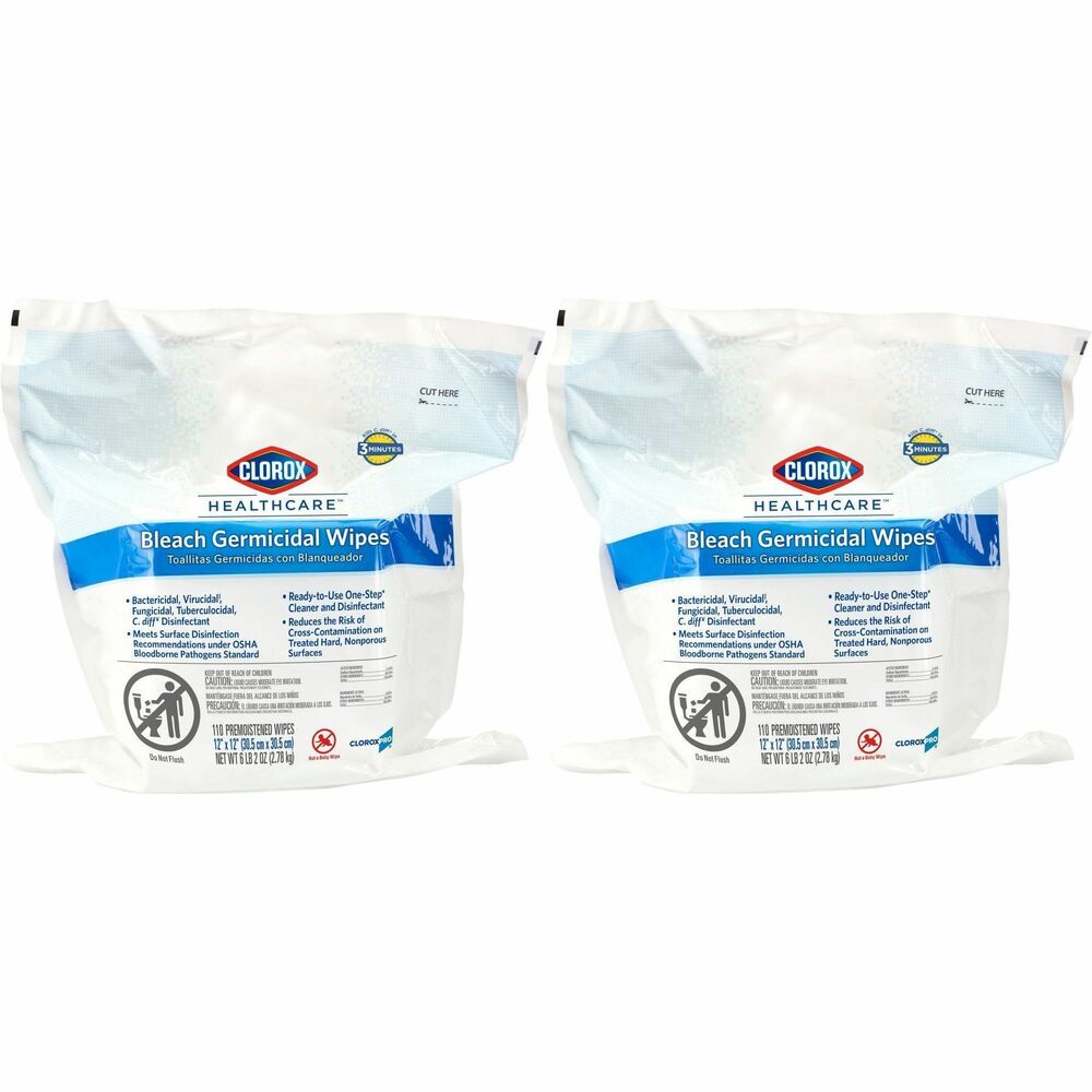 CLO30359CT - Clorox Healthcare Bleach Germicidal Wipes are your proven bleach solution for cleaning. They kill C. difficile and C. auris in 3 minutes (follow special instructions for cleaning before disinfection) and 58 other microorganisms in 1 minute or less, including outbreak-causing viruses, emerging viral pathogens, MRSA and VRE when used as directed. With superior surface compatibility on a wide range of hospital surfaces, these disinfecting wipes help you cover more square coverage per wipe with fast contact times and greater wetness surface coverage. Phosphate-free formula is gentle on surfaces and leaves less residue behind. Refill pack is intended to use with the refillable bucket (not included). Use wipes in healthcare settings including hospitals, medical facilities, outpatient facilities and long-term care facilities. Packaging may vary. More from the Manufacturer