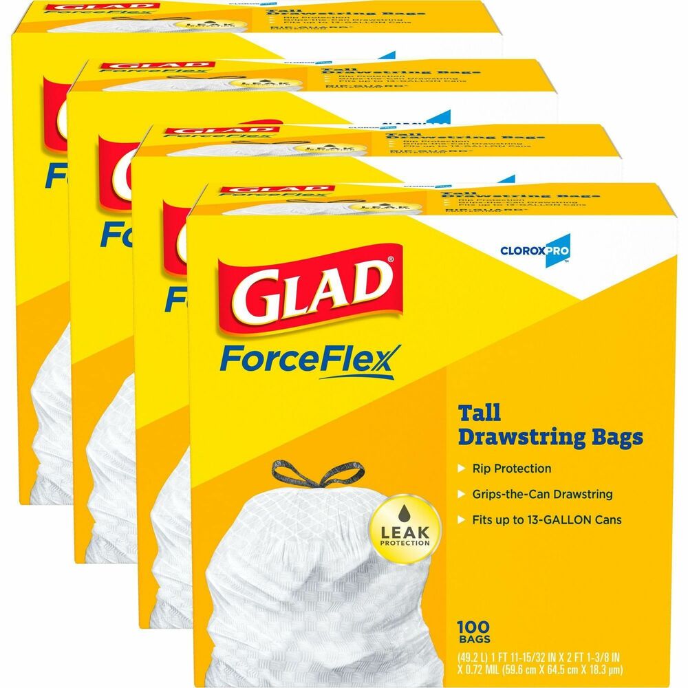 CLO78526CT - Keep your trash contained with the durability and quality of these Glad Tall Kitchen Drawstring Trash bags. ForceFlex technology gives extra flex as it expands around sharp edges and heavy loads to let you pack it in without ripping. Dual-layered construction RipGuard and LeakGuard technology resists punctures, rips and tears, and the seepage of liquids. The Grips-The-Can Drawstring ensures that the bag stays in place and provides a three-ply handle to easily lift, carry and toss the bag. Tough and resilient, Glad can handle some abuse so shake the trash deeper into the bag while keeping everything contained. The 13-gallon size is perfect for the kitchen or throughout the office and is great for your seasonal cleaning needs.