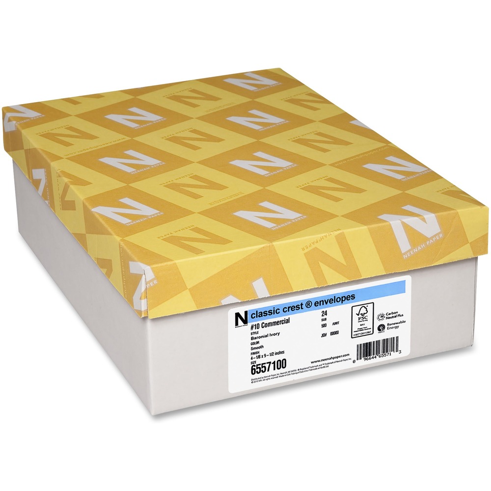 NEE6557100 - No. 10 envelopes offer a commercial flap, smooth finish and dependable quality and performance. Classic Crest Baronial Ivory Envelopes are completely sustainable being FSC Certified, Green-e certified and made Carbon Neutral Plus. Precision-cut paper offers a versatile paper weight of 24 lb.