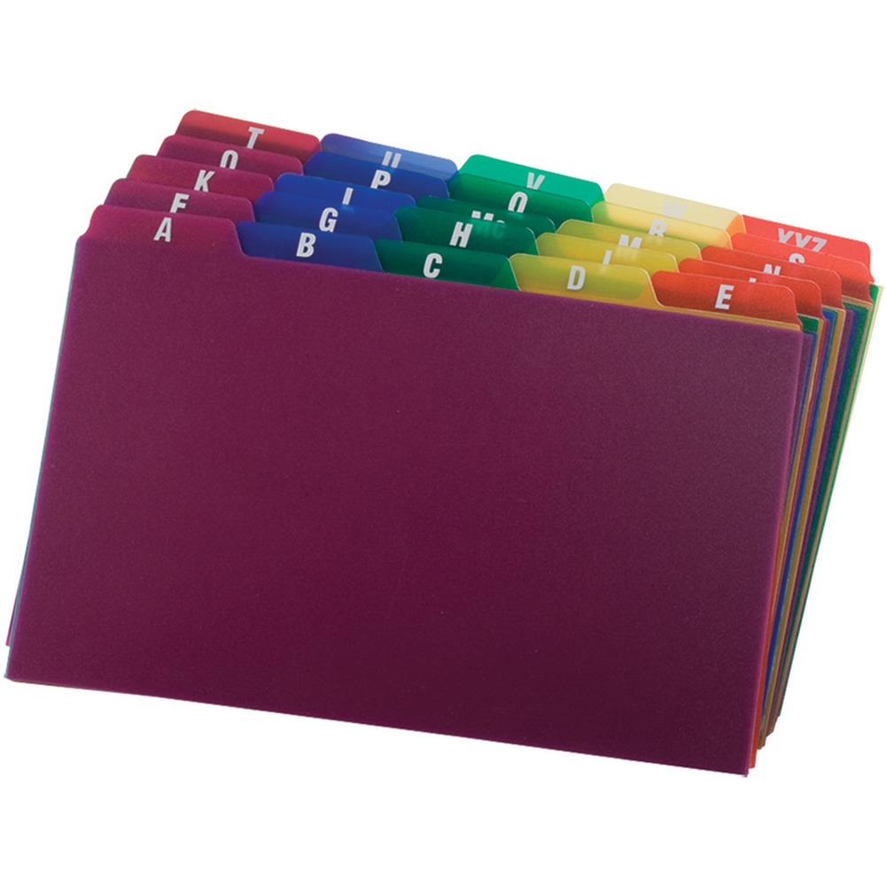 OXF73155 - Poly A-Z Index Card Guides feature bright tabs with bold letters that stand out immediately for fingertip referencing. 1/5-cut tabs are in different colors to differentiate file sections. Card guides are made from wear-resistant, tear-resistant, moisture-resistant poly for long-lasting performance. Precious cut ensures uniformity.