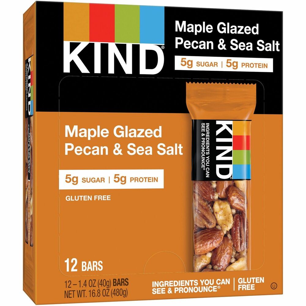 KND17930 - An all-natural, gluten-free snack offers a sweet and salty combination of pecans, almonds and peanuts with just the right touch of premium maple and sea salt. Each bar contains essential vitamins and minerals to promote a healthy lifestyle. Non-GMO ingredients are low in sodium, cholesterol-free and do not contain hydrogenated oils. Individual packaging ensures freshness and allows you to take these treats with you on-the-go.