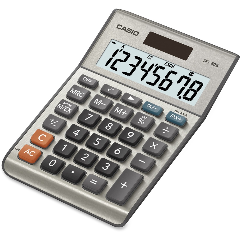 CSOMS80B - Desktop tax calculator features eight digits (16-digit approximations), large easy-to-read display, and tax and currency exchange function. Other functions include constants for addition, subtraction, multiplication, division; independent memory, markup percent and three-digit comma markers. Calculator runs on solar power with mercury-free battery backup.