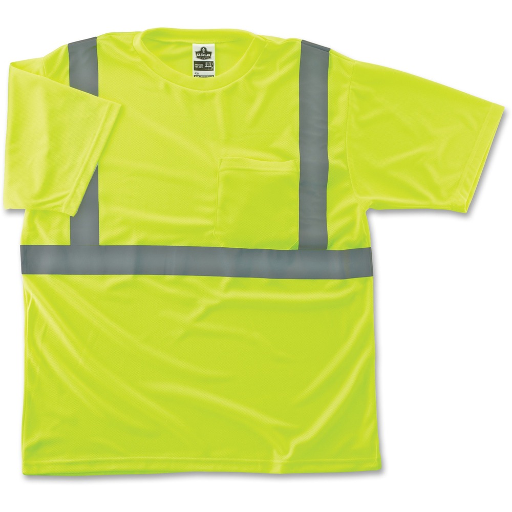 EGO21506 - Class 2 T-shirt combines protection, job-specific performance, innovation and style. Design includes ANSI-compliant, polyester breathable knit in an eye-catching fluorescent color and 2" Level 2 ANSI-compliant, heat-transfer reflective material for flexible comfort. The machine-washable birdseye fabric is lightweight, weighing only 4.1 oz., and features a moisture-wicking treatment to help keep you dry. Outer pocket offers storage for essentials. GloWear 8289 T-shirt is great for road construction, utility crews, survey crews, construction, railway workers, baggage handlers, emergency response and warehousing/distribution. 2XL size fits chests from 46" to 50".