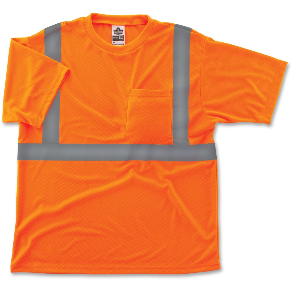 EGO21512 - Class 2 T-shirt combines protection, job-specific performance, innovation and style. Design includes ANSI-compliant, polyester breathable knit in an eye-catching fluorescent color and 2" Level 2 ANSI-compliant, heat-transfer reflective material for flexible comfort. The machine-washable birdseye fabric is lightweight, weighing only 4.1 oz., and features a moisture-wicking treatment to help keep you dry. Outer pocket offers storage for essentials. GloWear 8289 T-shirt is great for road construction, utility crews, survey crews, construction, railway workers, baggage handlers, emergency response and warehousing/distribution. Small size fits chests from 34" to 36".