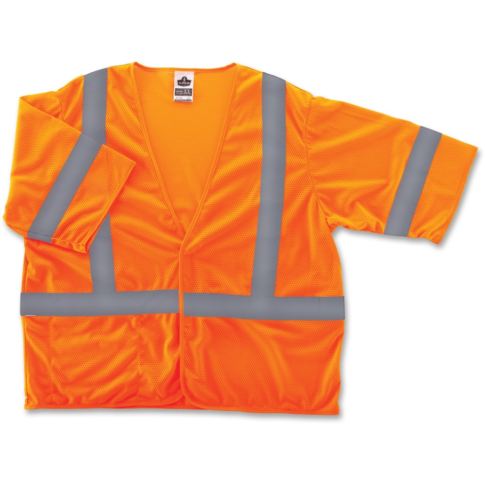 EGO22015 - Class 3 Economy Vest with short sleeves combines protection, job-specific performance, innovation and style. Design includes ANSI-compliant polyester mesh in an eye-catching fluorescent color and 2" Level 2 ANSI-compliant reflective material. The machine-washable mesh fabric is lightweight, weighing only 3.3 oz. Hook-and-loop closure makes it easy to close. Single inside pocket offers storage for essentials. GloWear 8310HL vest is great for flagging crews, road construction, utility crews, survey crews, construction, emergency response and railway workers. Large/Extra-Large size fits chests from 44" to 52".