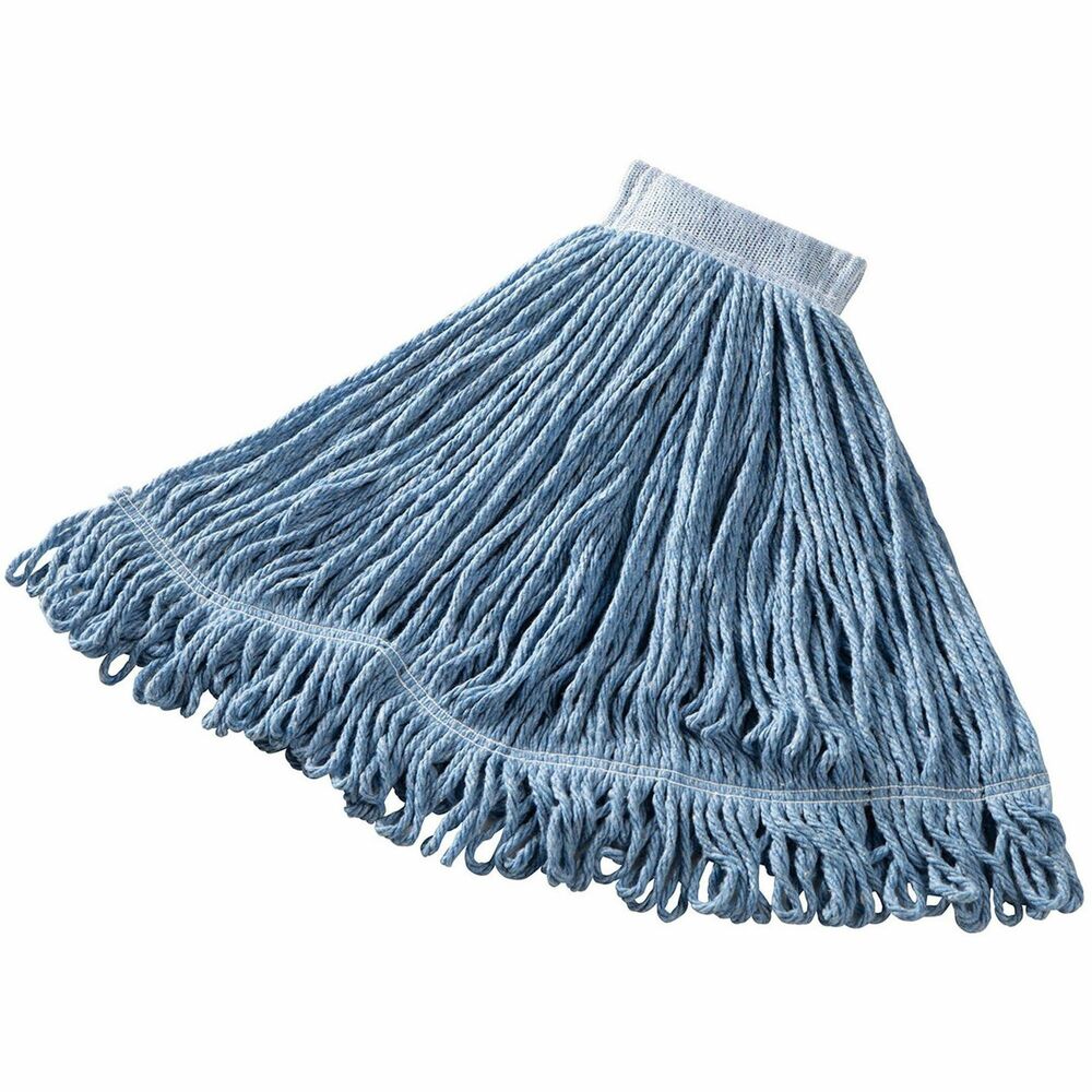 RCPD253BLU - Super Stitch Blend Mop with 5" headband outperforms and outlasts premium cut-end mops two to one. Balanced blend of four-ply cotton and synthetic yarns provides high absorbency and strength. Synthetic mesh headband prohibits moisture-retention for longer product life. Looped ends and yarn tailband mop deliver greater floor coverage. The looped end provides the ultimate durability and like-new launderability. Mophead should be used with clamp-style handles (sold separately).
