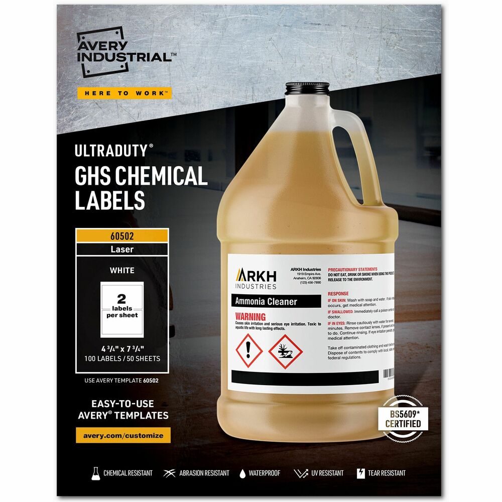 AVE60502 - Get your organization's chemical labeling in compliance with the Globally Harmonized System by using these durable labels. UltraDuty GHS Chemical Labels are specifically designed to withstand chemicals, abrasion, sun, water and extreme temperatures. They resist tearing and scuffing and stand up to frequent use. With high-performance adhesive, they pass the BS5609 protocol for 90-day seawater immersion. Polyester film labels are ideal for labeling for drums, pails and totes. Easily customize and print your required labels on demand using ready-to-use, free, online templates or a special online, GHS Wizard labeling system. Customize labels with your company logo, lot numbers, bar codes or other information, and update as needed. Print using standard sheet-fed laser printers. More from the Manufacturer