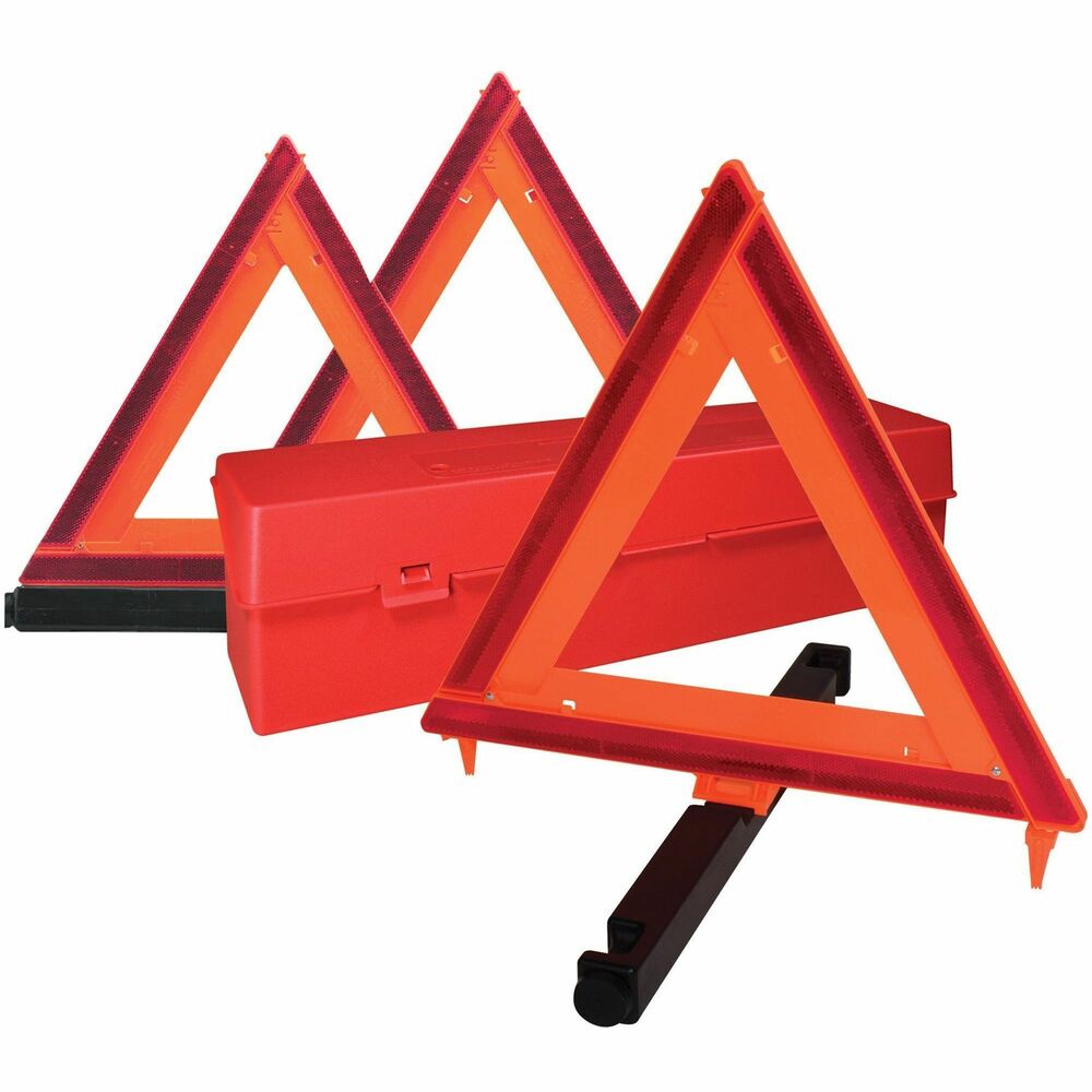 DEF73071100 - Fluorescent orange triangles with red reflectors are visible day or night. They instantly tell motorists to be alert for a roadside emergency. Snap together for quick, easy setup. Weighted base with grip pads provides maximum stability. Kit contains three warning triangles in a compact storage box. Triangles are made of nonflammable material. Emergency Warning Triangle Kit meets Federal Motor Vehicle Safety Standard No. 125 for warning devices.