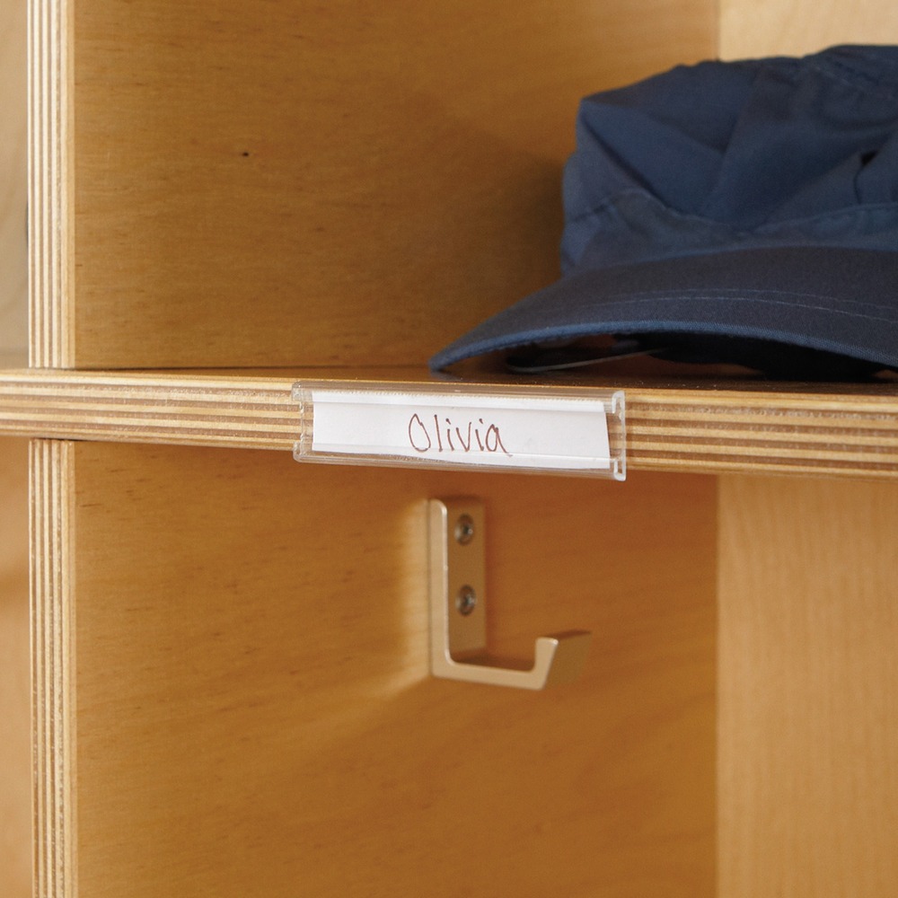 JNT1700JC5 - Clear plastic, name tag holders make it easy to label cubbies and identify contents. Mount name tag holders above or below cubbies with the peel-and-stick adhesive. Slide-in cards (sold separately) can be replaced as needed.