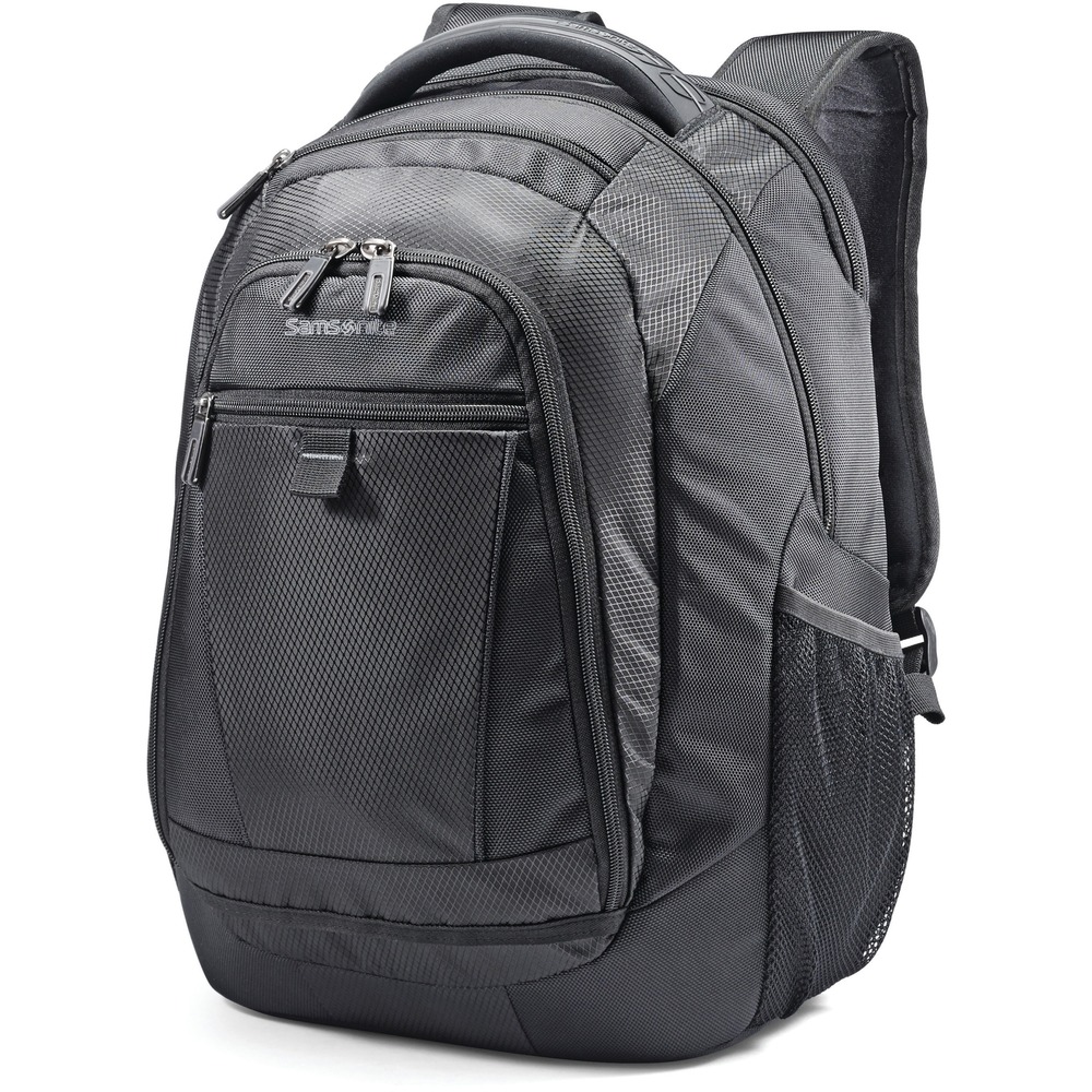 SML623641041 - Durable backpack is constructed of a strong, ballistic fabric with diamond ripstop accents to keep your belongings safely stored. Padded laptop compartment protects most 15.6" laptops from shocks while traveling. Smart sleeve allows the case to slide over upright handle tubes for easy transport. Brushed tricot sunglass pocket protects the frame and lenses of your eyewear from scuffs and scratches. Two quick-access storage pockets keep smaller items easily within reach. Dual-density shoulder straps are contoured to disburse weight more efficiently on your shoulders. Plus, the padded top carry handle is perfect for traveling shorter distances. Tablet/iPad pocket and business organizer offer a handy location to store more of your essential items. Side mesh pockets feature an elastic top to prevent water bottles from falling out during travel.