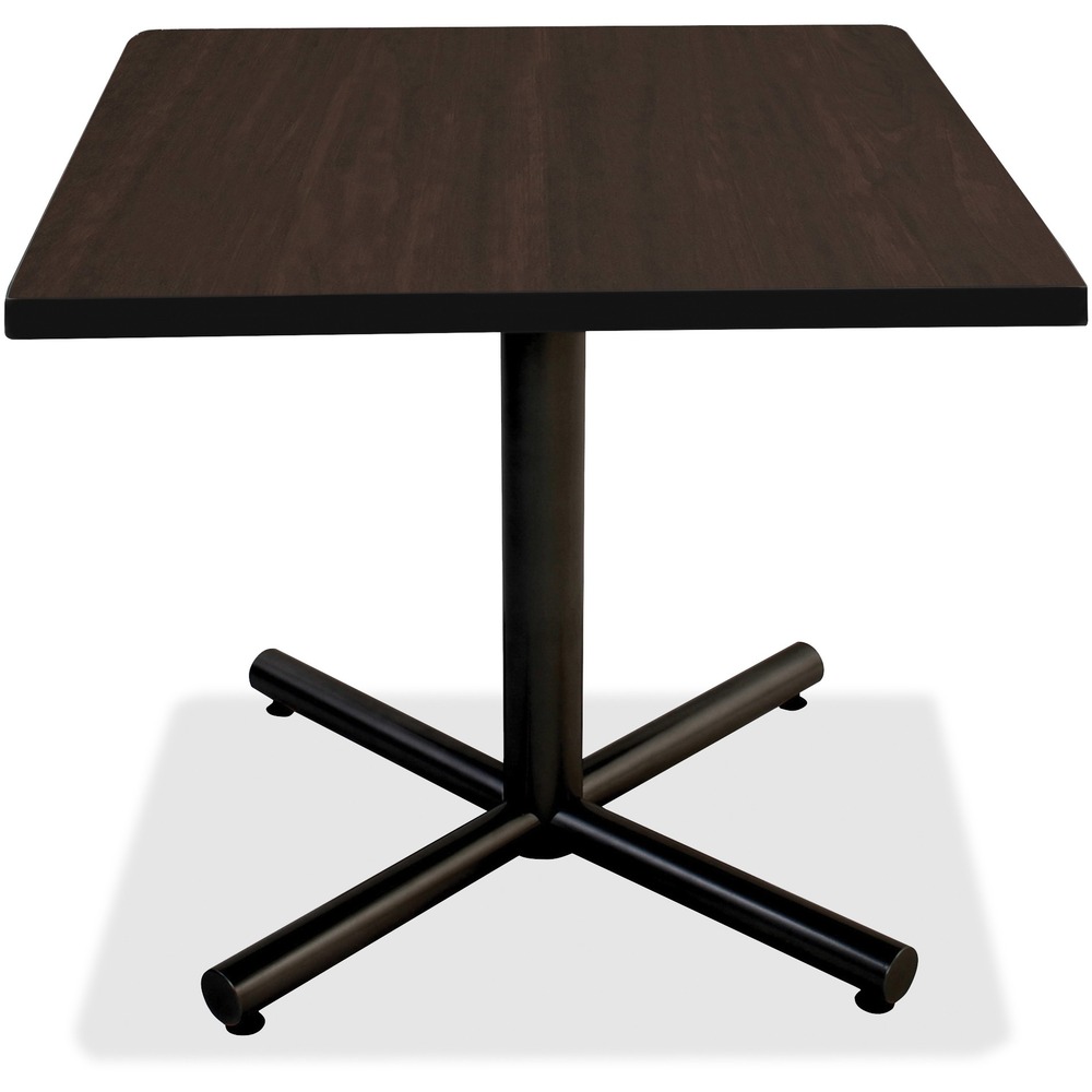 LLR62588 - As part of the Lorell Hospitality Table Collection, this square tabletop is ideal for cafeterias or breakrooms. 1" thick top is made with high-pressure laminate for an inviting place to meet or snack. Durable, stain-resistant, scratch-resistant laminate is thermofused on the top and bottom to 45 lb. density particle board core. Design features a matching espresso PVC edge and squared corners so tables smoothly fit together in groups. Tabletop also includes a pre-drilled hole for easy mounting of the X-leg base (sold separately).